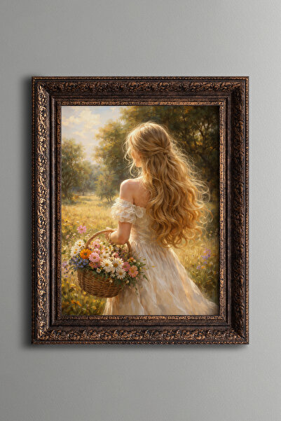 epiqart فتاة مع سلة الزهور - لوحة بتصميم عتيق - نموذج سميك