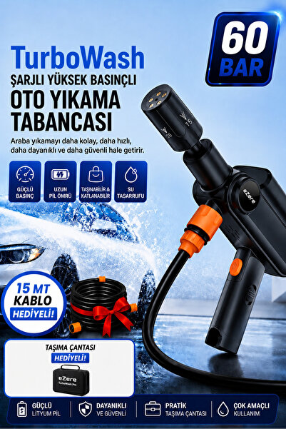 EZERE Areks TurboWash Şarjlı 60 Bar Yüksek Basınçlı Oto Araba Bahçe Yıkama ve...