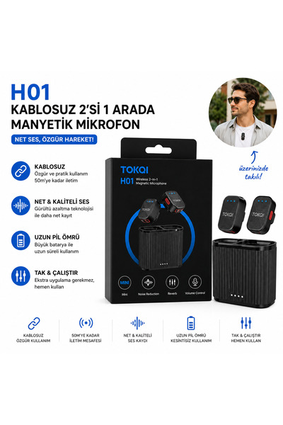 TOKQI Kablosuz Manyetik Yaka Mikrofonu 2'li Set | Type-C Lightning Uyumlu Gür...