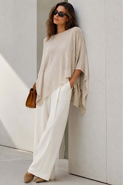 Madmext Bone Color Asymmetrical Cut Casual Women's Poncho Mg2876