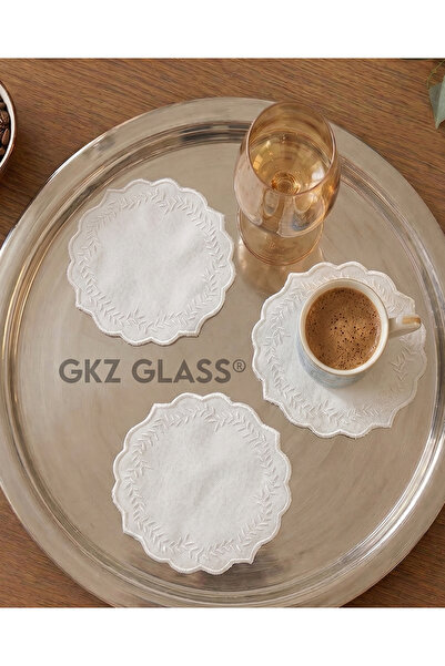 gkzglass home dekor 6 Adet Keten Kumaş Üzeri Nakışlı Kahve Yanı Kokteyl Peçet...