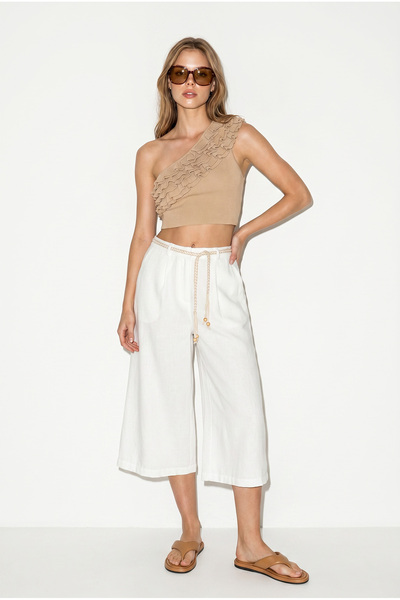 Bianco Lucci Women's Lined Linen Pocket Belt Detailed Wide Leg Culotte Trouse...