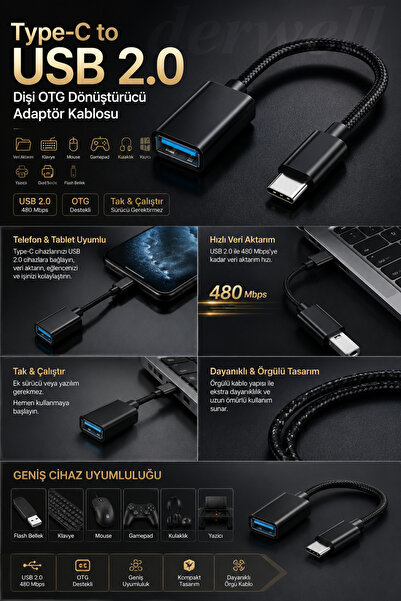 MVLH Type-C to USB 2.0 Dişi OTG Dönüştürücü Adaptör Kablosu Örgülü Siyah Tele...