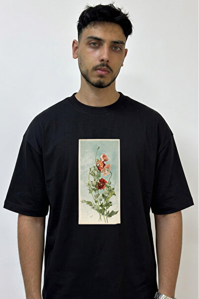 Anetos Hashas Cicegi Design Printed Oversize Black T-Shirt