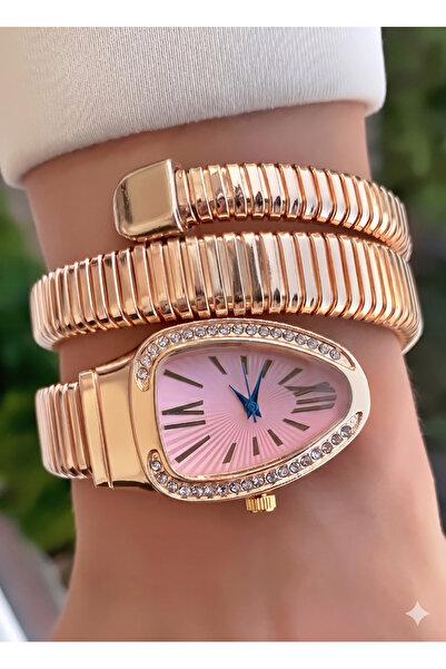 Merand Gold Color Pink Dial Snake Watch, Wrap Around Watch, Women's Wristwatch