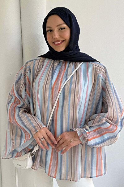Modaensarbutik Pastel Çizgi Desenli Rahat Kesim Gömlek-MAVİ