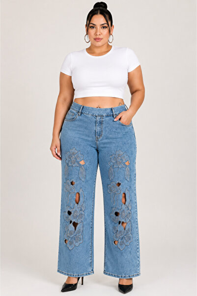 ZANESSI Plus Size Elastic Waist Wide Leg Embroidered Denim Women's Trousers
