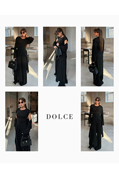 femmes fraiches Aisha Siyah Vatkalı T-shirt - Pileli Pantolon - Kimono Set