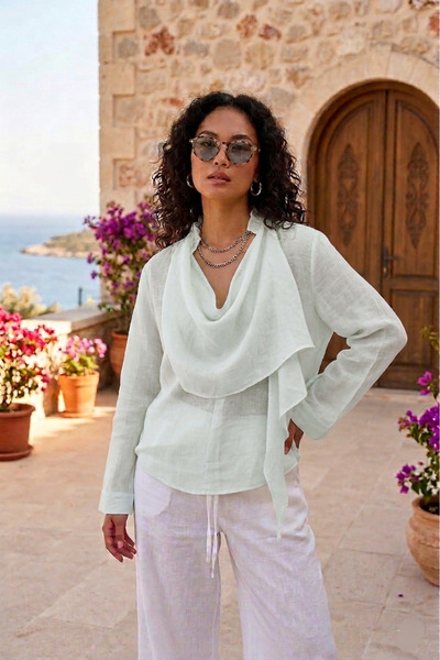 Lovely butik Bluză transparentă cu textură de in, cu guler șal Degaje, pentru...