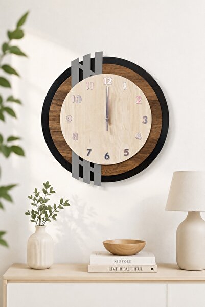 Nixar Desing Nordic Line 2 Premium Ahşap Duvar Saati 43 cm | Modern Dekoratif Salon Saati | Sessiz Mekanizmalı MDF İskandinav Tasarım