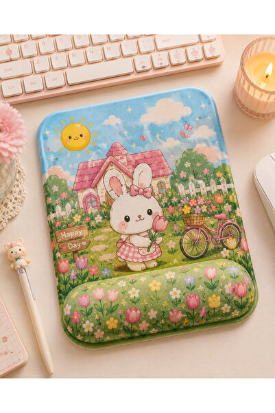 matizya Tavşan Desenli Bilek Destekli Mousepad 18x23 cm Ergonomik Kaymaz Taba...