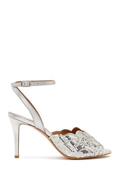 Derimod Women's Silver Ankle Buckle Stone Detailed Thin Heeled Leather Sandal...
