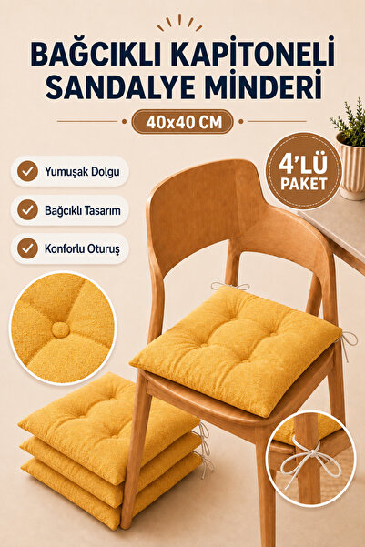 TOPCORN Dörtlü Set 40x40 Bağcıklı Kapitoneli Yumuşak Dolgulu Sandalye Minderi...