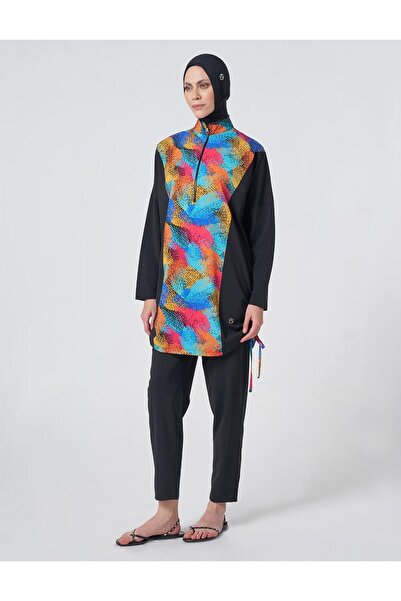Kayra Multi-Colored Patterned Hijab Swimsuit Black
