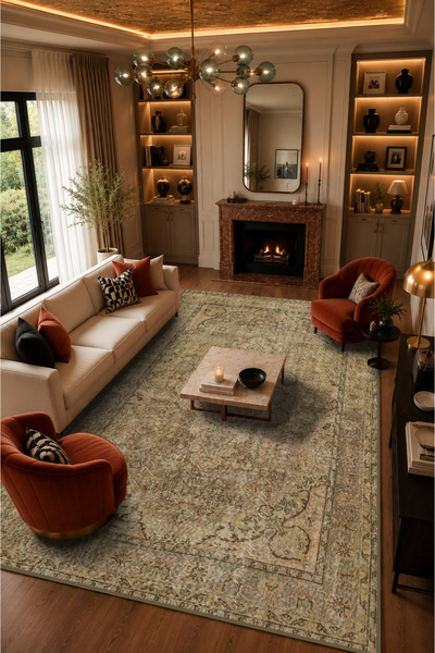 Olden Rug Vintage Eskitme Bej Madalyon Desenli Dokuma Taban Kaymaz Yıkanabili...