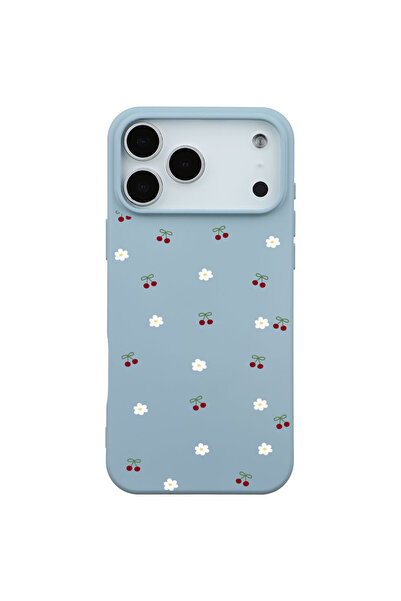 Casen iPhone 17 Pro Bebe Mavisi Lansman Renkli Silikon Kiraz ve Çiçek Desenli...