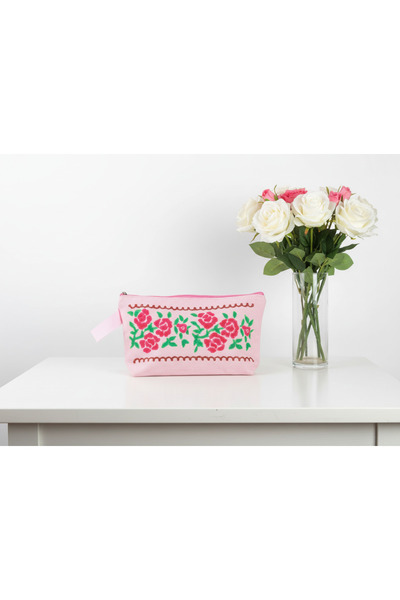 Vogue Visage Pink Rose Garden Hand-Painted Canvas Pouch