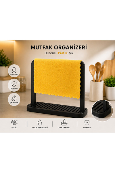 Mutfak Organizeri Su Toplama Hazneli Tezgah Üstü Bez ve Sünger Düzenleyici Minimal Tasarım 19 x 17 cm