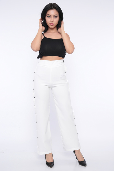 FIRST STYLE Women's White Side Buttoned Turkish Trousers