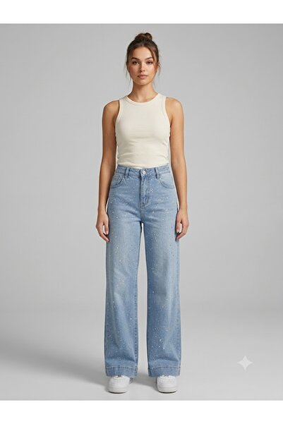 centilmen Oni̇x Sparkling Glitter Printed Wide Leg Palazzo Jean Denim Trouser...
