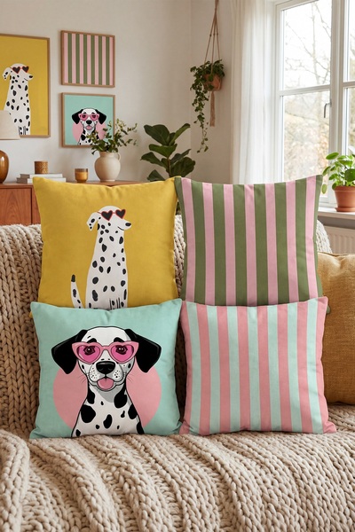 EVPANYA Striped Dogs Patterned 4-Piece Throw Pillow Cover Set