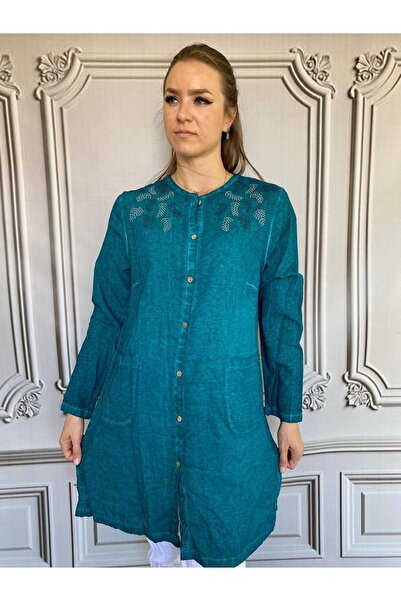 AGORATEKSTİL Women's Washed Cotton Fabric Long Sleeve Mother's Stone Tunic 40/48