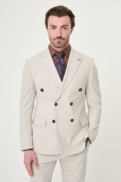 Mcr Straight Slim Fit Wide Collar Double Breasted Men's Suit Beige - 45476.26Y