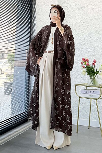MELEK ARAZ Premium Yarasa Kol Tül Modal Uzun Kimono - Kahverengi