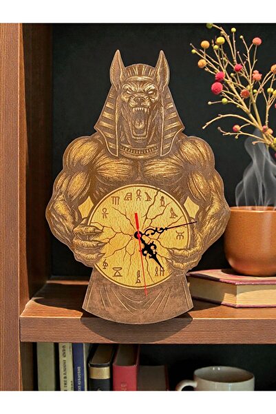 Ozzyland Anubis Temalı Ahşap Duvar Saati 38 cm Sessiz Mekanizma