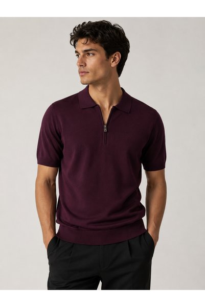 MODASPARK Burgundy Polo Collar Zippered Short Sleeve Men's T-Shirt