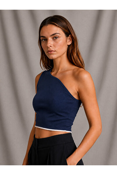 ZYKRION Kadın Beyaz Tek Omuz Asimetrik Crop Bluz Slim Fit Esnek Kumaş Şık Günlük