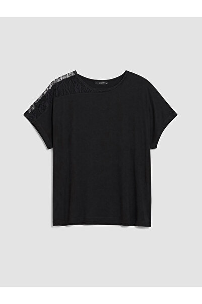 LC Waikiki Lcwaikiki Curve Black Plus Size Women's T-Shirt with Lace Detail