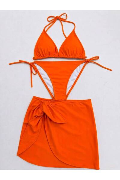 VAJESTO Women's Orange 3-Piece Triangle Bikini Set with Halter Neck, Drawstri...