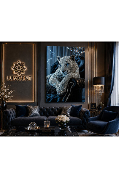 Lumcent Premium Kanvas Tablo | Kristal Efektli Mavi Gözlü Leopar Tasarımı | L...