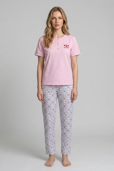 MORRO Women's Pink Heart Plaid Cotton Short Sleeve Pajamas Set