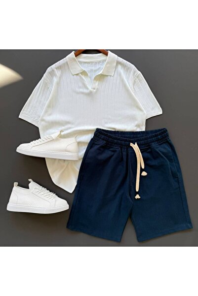 Beylerce Nurse Collar Knitwear T-Shirt + Raw Linen Shorts 2-Piece Combination