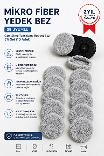 Yenilig Cam Silme Temizleme Robotu Bezi 5’li Set 10 Adet – S9 Uyumlu Mikro Fi...
