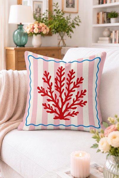Home Kırmızı Deniz Mercanı Desenli Kırlent Kılıfı - Pembe Beyaz Çizgili Moder...