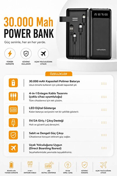 fundiqoX Powerbank 30000 mAh Led Ekranlı Çoklu Kablolu Hızlı Şarj USB Type-C ...