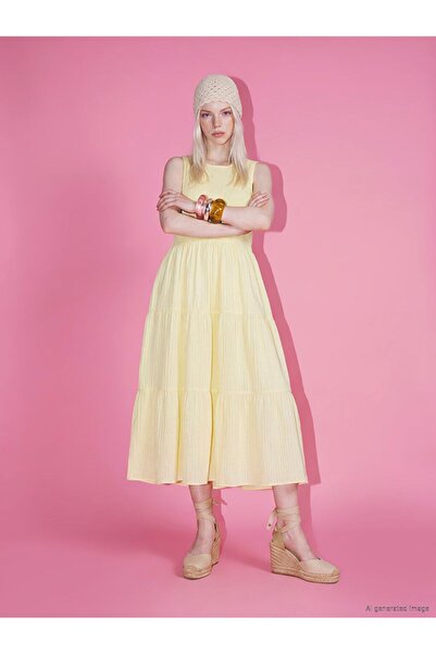 LC Waikiki Xside Yellow Crew Neck Gipeli Muslin Layered Dress