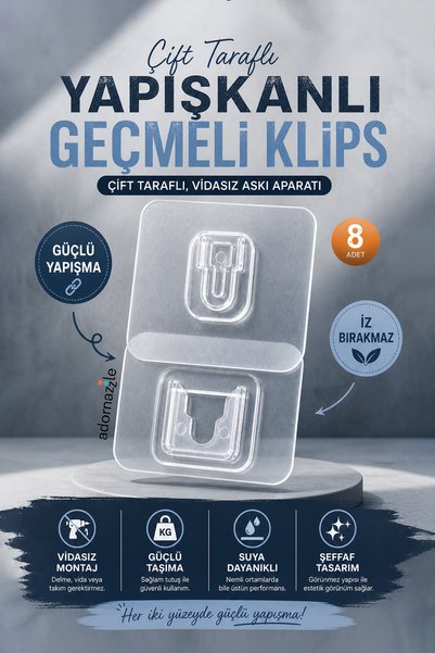 KCA HOME Çift Taraflı Yapışkanlı Geçmeli Klips, Güçlü Yapışkanlı Geçmeli Duva...