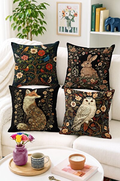 Home Orman Hayvanları ve Çiçek Desenli 4’lü Kırlent Kılıfı Seti - Vintage Dek...