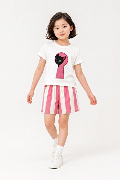 Perendi Girl's Cat Printed Striped Shorts Cotton Set