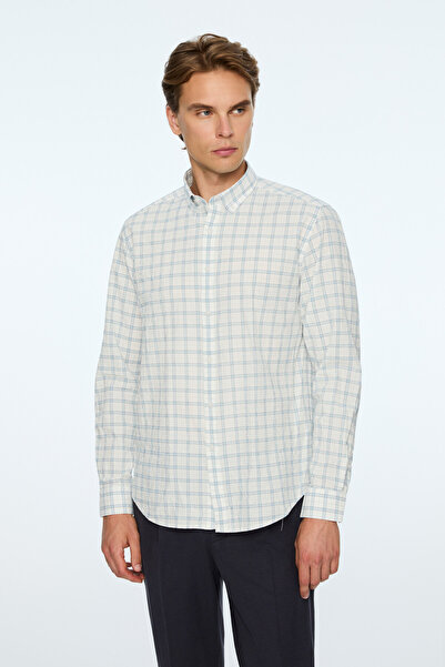 Morven Men's A. Blue Cotton Trend Plaid Dynamic Fit Button-Down Collar Shirt