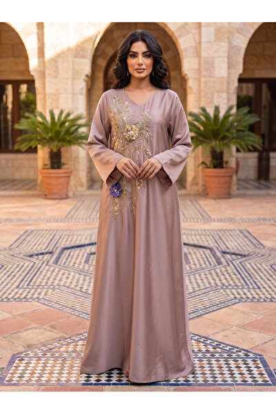Finelook 3D Floral & Gold Leaf Embroidered Satin Jalabiya | V-Neck Luxury Kaf...