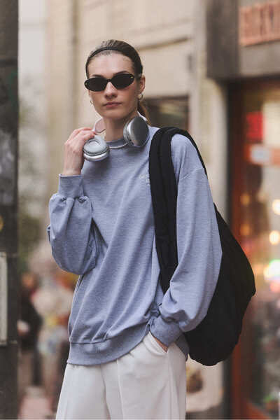 BE BLUE SIVA MJEŠOVITA DUGA SWEATSHIRT SA OKRUGLIM IZREZOM