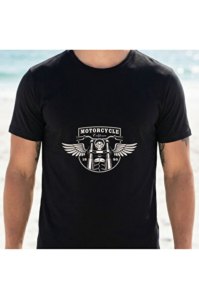 2mcup Men'S Black T-Shirt Motorcycle California 1990 Wings Engine Pattern Bea...