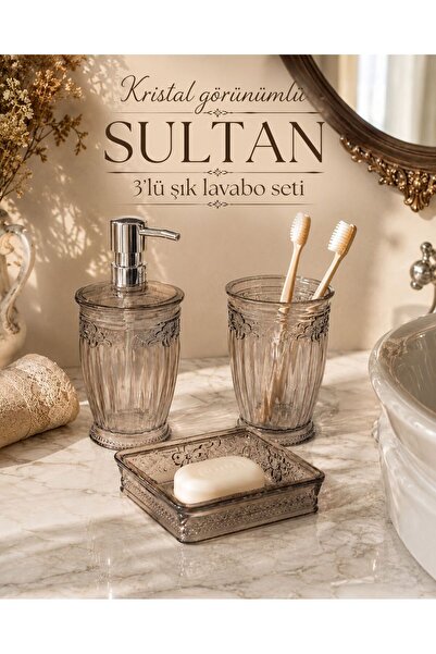Store HGY Home Sultan Kristal Görünümlü Şeffaf 3'lü Banyo Seti - Sıvı Sabunlu...