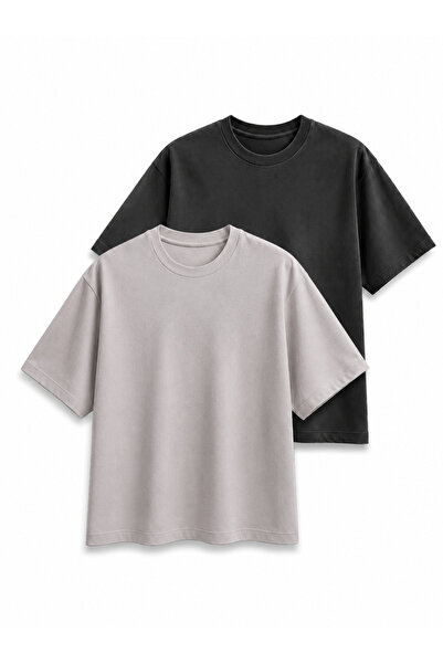 JULİA MODA 2-Piece Men's T-Shirt Plain Smoked-Grey