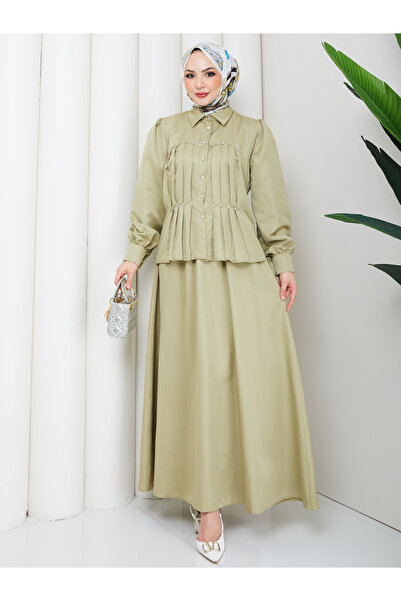 EFSUN MODA Elegant Pleated Skirt with Pearl Details and Tessel Trimmed Suit